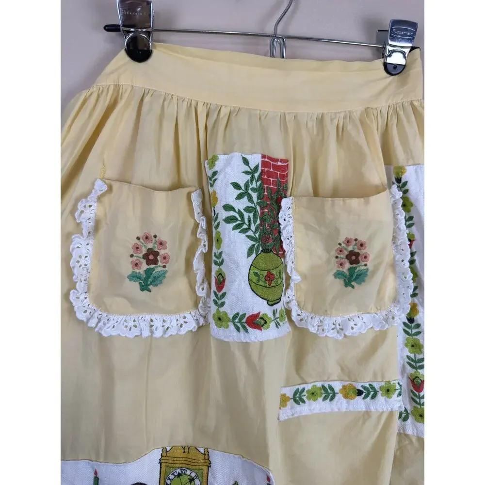 Vintage Yellow Half Apron with Flower Embroidered Pocket & Patchwork, Granny